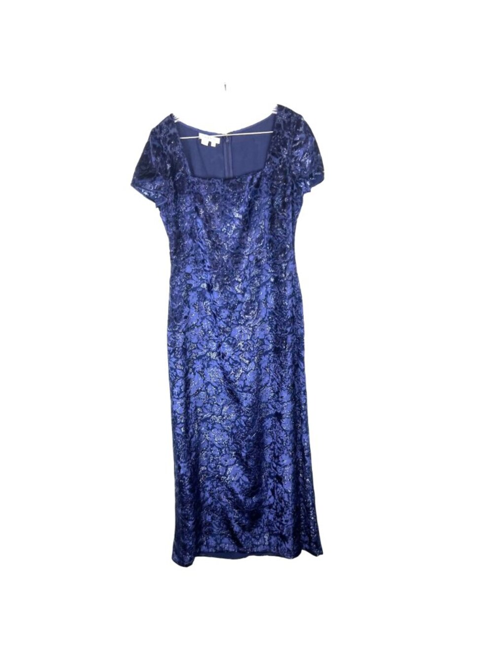 Burnt Velvet Maxi Dress 10 Blue Metallic Formal Flow Narrow Waist Evening Gown - Picture 2 of 11